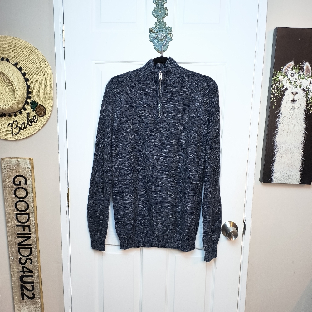 Lucky Brand Men's Quarter Zip Chunky Knit Neck Jumper Sweater Blue Medium Preppy